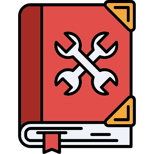 Red book illustration with crossed wrenches, featuring bold black outlines.