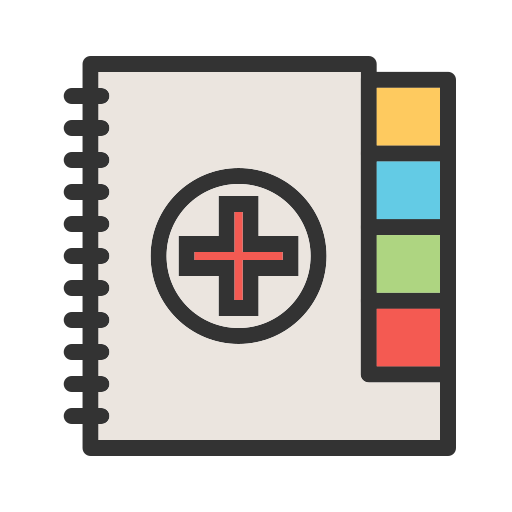 Spiral notebook illustration with medical cross, colorful tabs, and no text.