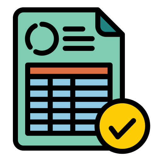 Spreadsheet illustration with pie chart, checklist, teal and yellow colors, digital style.