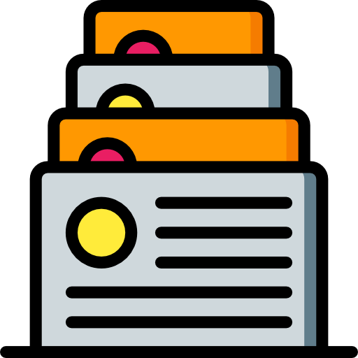 Stacked file folders illustration with orange tabs and yellow circle detail.