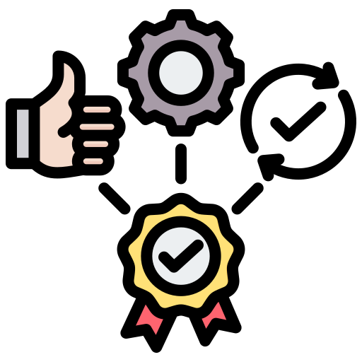 Thumbs up, gear, checkmark icons in colorful flat illustration style.