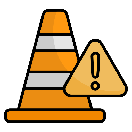 Traffic cone with exclamation mark sign, orange and gray, vector illustration.