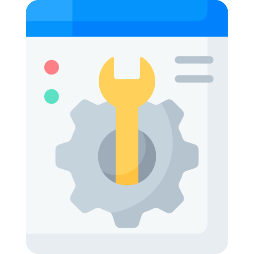Wrench and gear icon on a computer window, colorful flat illustration.