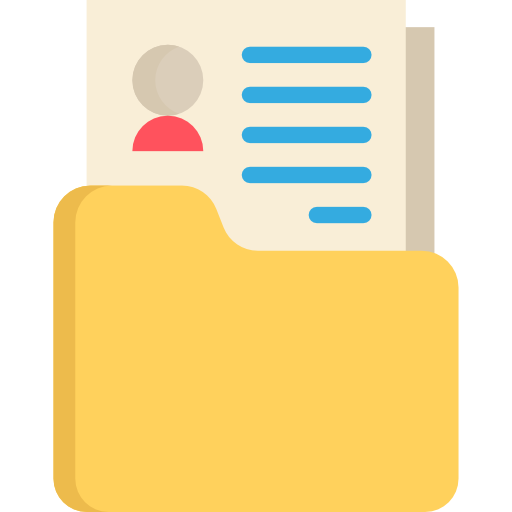 Yellow folder icon with a document featuring blue text and red profile.