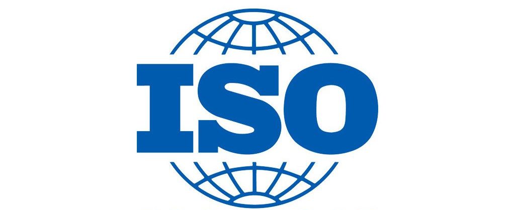 Blue ISO logo with globe design on white background, digital illustration.