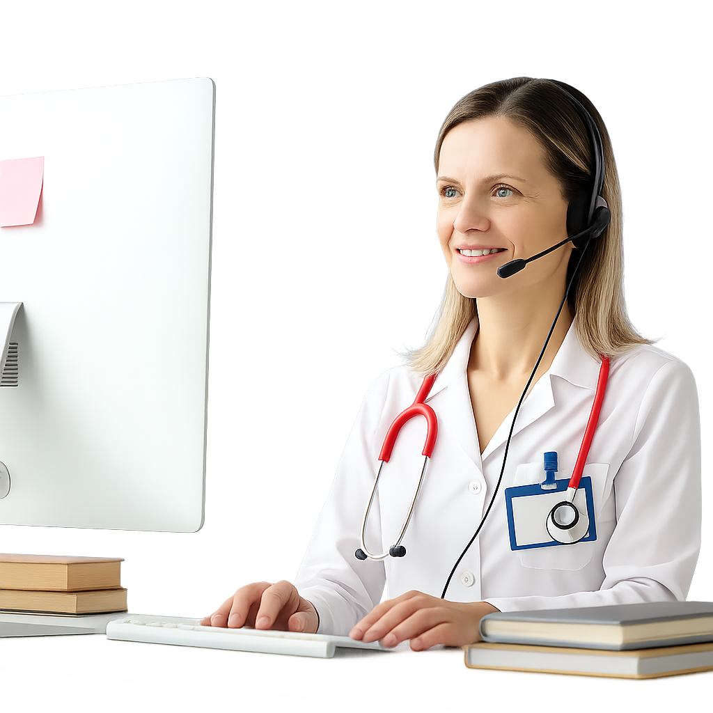 Doctor with headset typing at computer, wearing white coat and stethoscope.