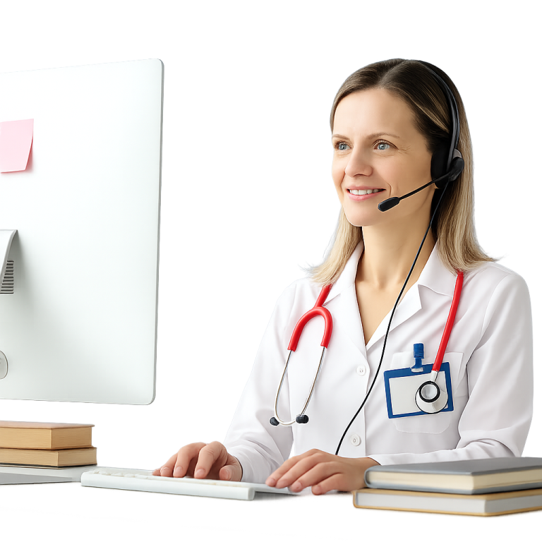 Doctor with headset typing at computer, wearing white coat, red stethoscope.