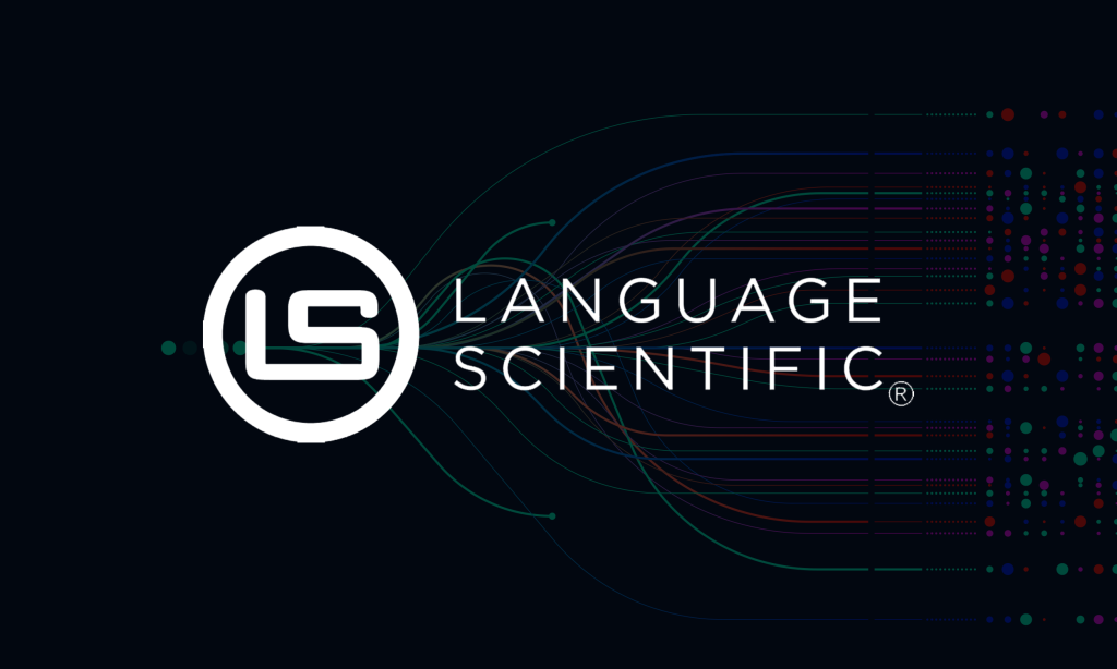 "Language Scientific logo with flowing lines, white text on dark background illustration."