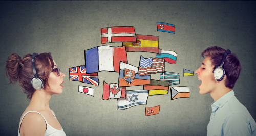 Two people with headphones communicate, surrounded by various national flags, illustration.