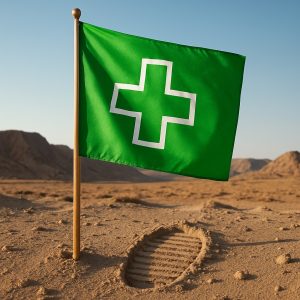 Green flag with white cross in desert, next to footprint, photo.