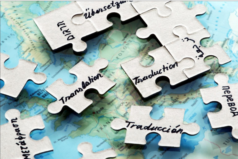 Puzzle pieces with "Translation" in various languages on a world map background.