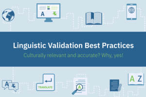 Illustration featuring translation icons with text "Linguistic Validation Best Practices" centered.