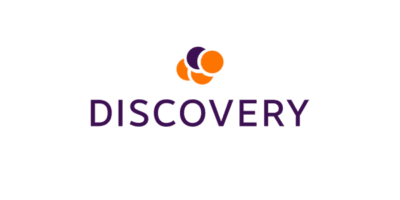 Purple and orange logo with "DISCOVERY" text on a pink background.