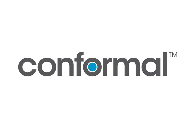 The image shows "conformal" logo in gray with a blue circle, on white.