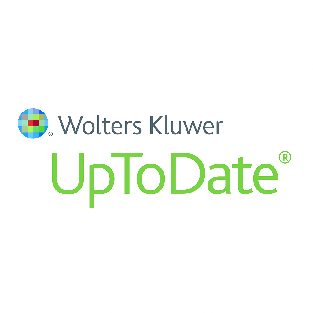 Wolters Kluwer logo with colorful icon and green "UpToDate" text, digital illustration.