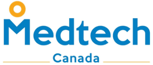 Medtech Canada logo in blue and orange on white background, digital illustration.