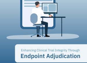 Illustration of person at desk with computer, featuring "Endpoint Adjudication" text.