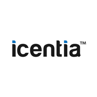 "Icentia logo with black text and blue accents on white background."