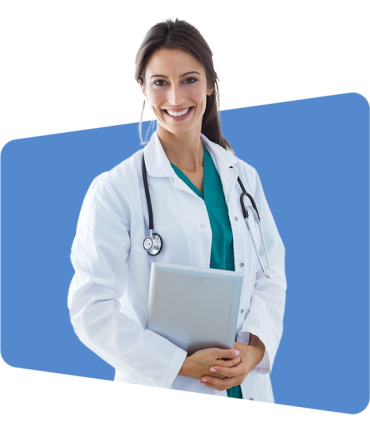 Smiling doctor holding a tablet, wearing white coat, blue background, photo.