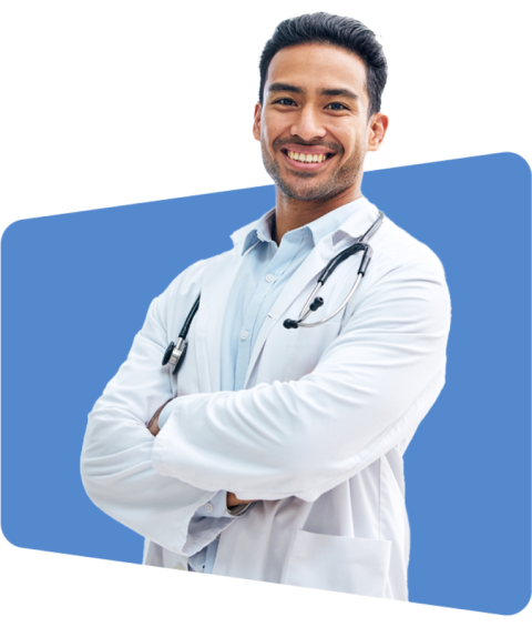 Smiling doctor with stethoscope, arms crossed, against blue background, photo.