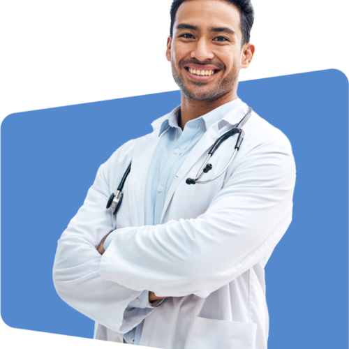 Smiling doctor with stethoscope, arms crossed, blue background, digital photo.